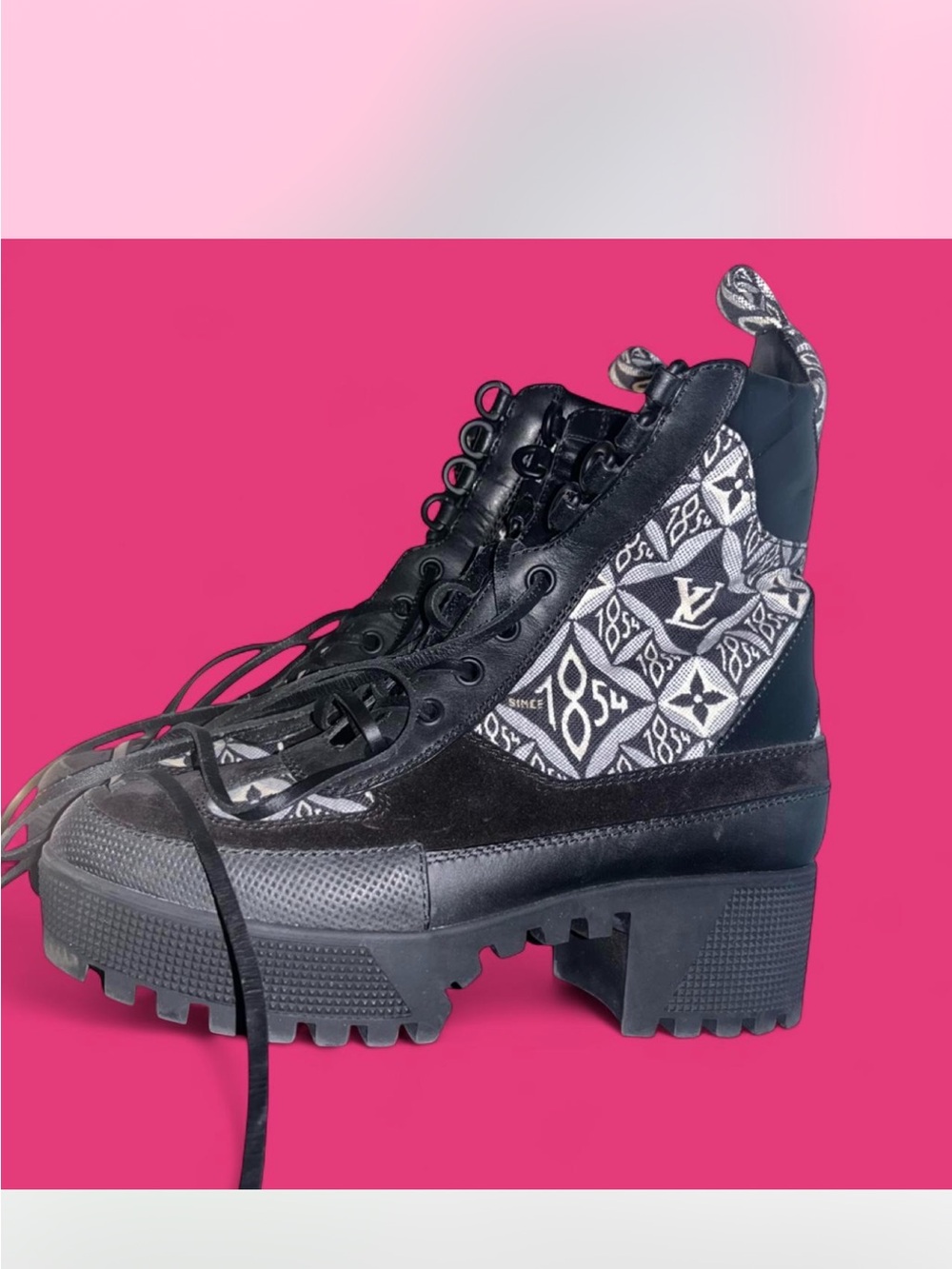 Authentic LV Designer Black Logo-Pattern Lug Sole Ankle Boots